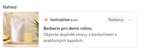 Náhled sponzorované karty v ChatGPT s logem inzerenta, čtvercovým obrázkem produktu, nadpisem, krátkým popisem a označením Reklama.