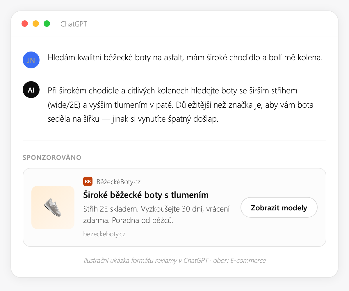 Ukázka reklamy v ChatGPT pro e-shop s běžeckou obuví: pod odpovědí je sponzorovaná karta s nadpisem Široké běžecké boty s tlumením.