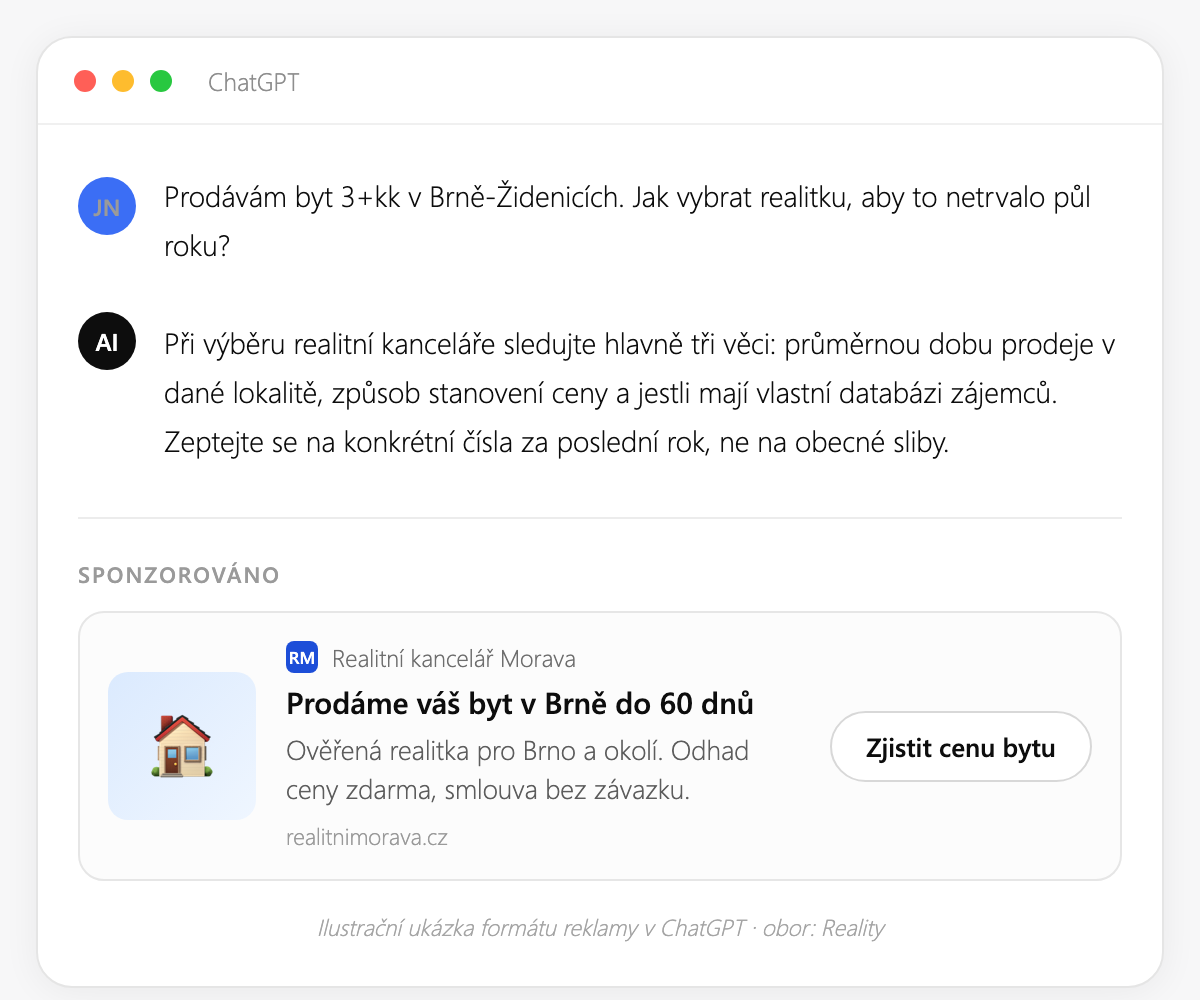Ukázka reklamy v ChatGPT pro realitní kancelář: sponzorovaná karta s nadpisem Prodáme váš byt v Brně do 60 dnů.