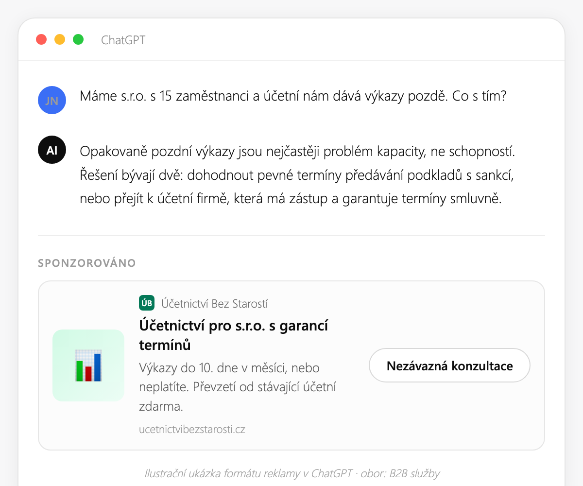 Ukázka reklamy v ChatGPT pro účetní firmu: sponzorovaná karta s nadpisem Účetnictví pro s.r.o. s garancí termínů.